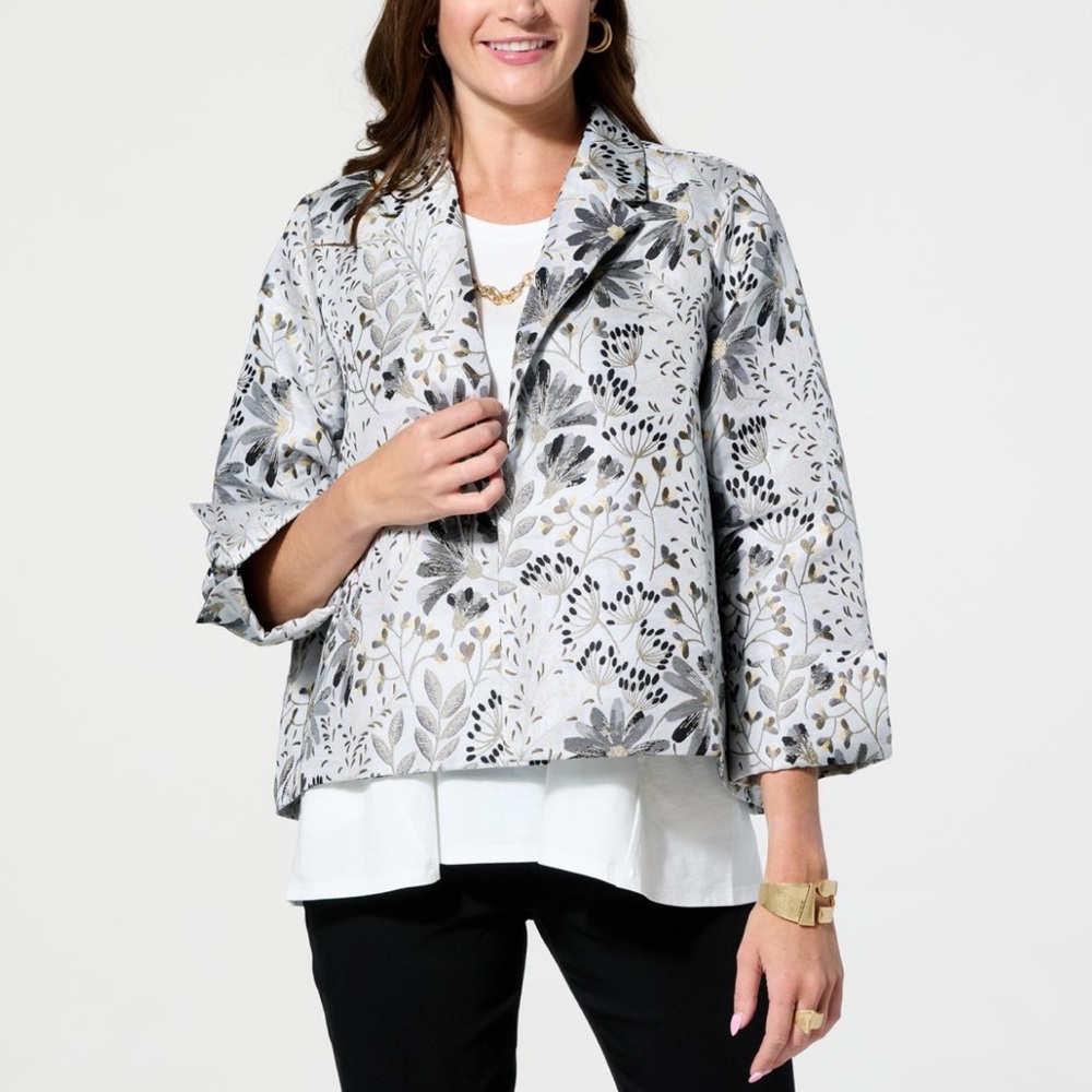 18. WynneCollection Floral Jacquard Topper Jacket Woven Silver Grey Yellow 3X
